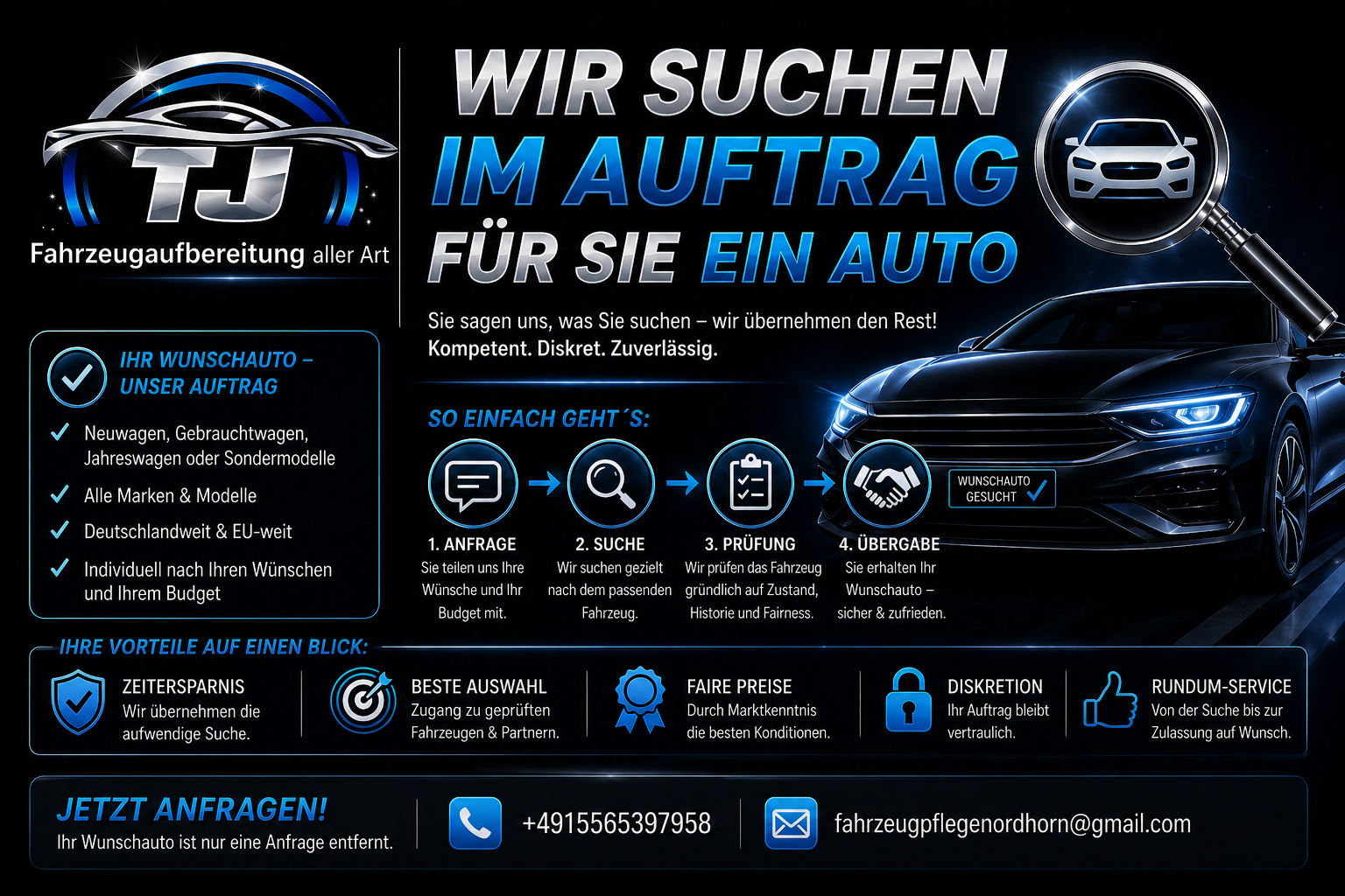 Firma sucht im Auftrag ein Auto, mit Kontaktdaten und Dienstleistungsangebot.